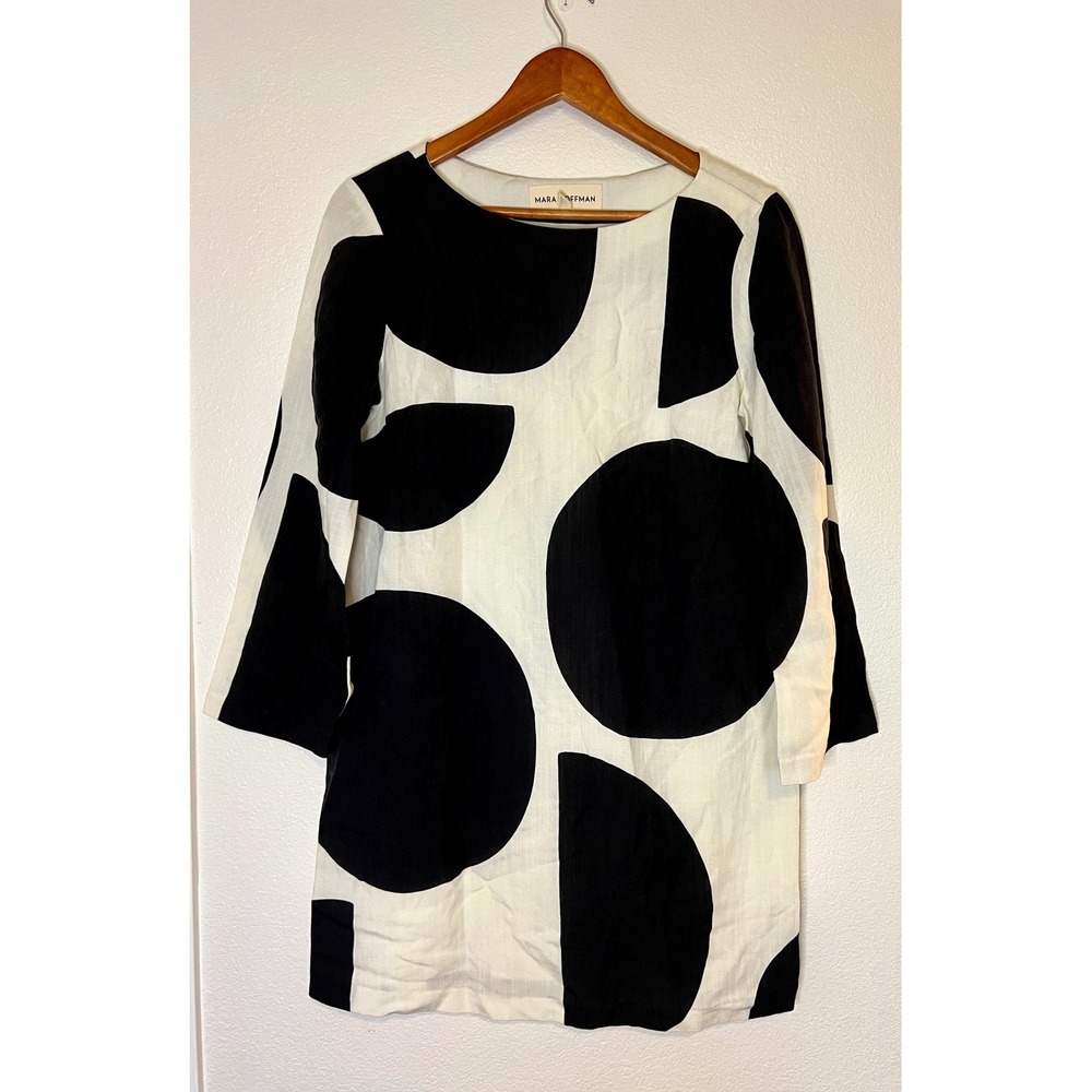 Mara Hoffman Polka Dot Shift Dress Black White Linen Tencel 3/4 Sleeve Small